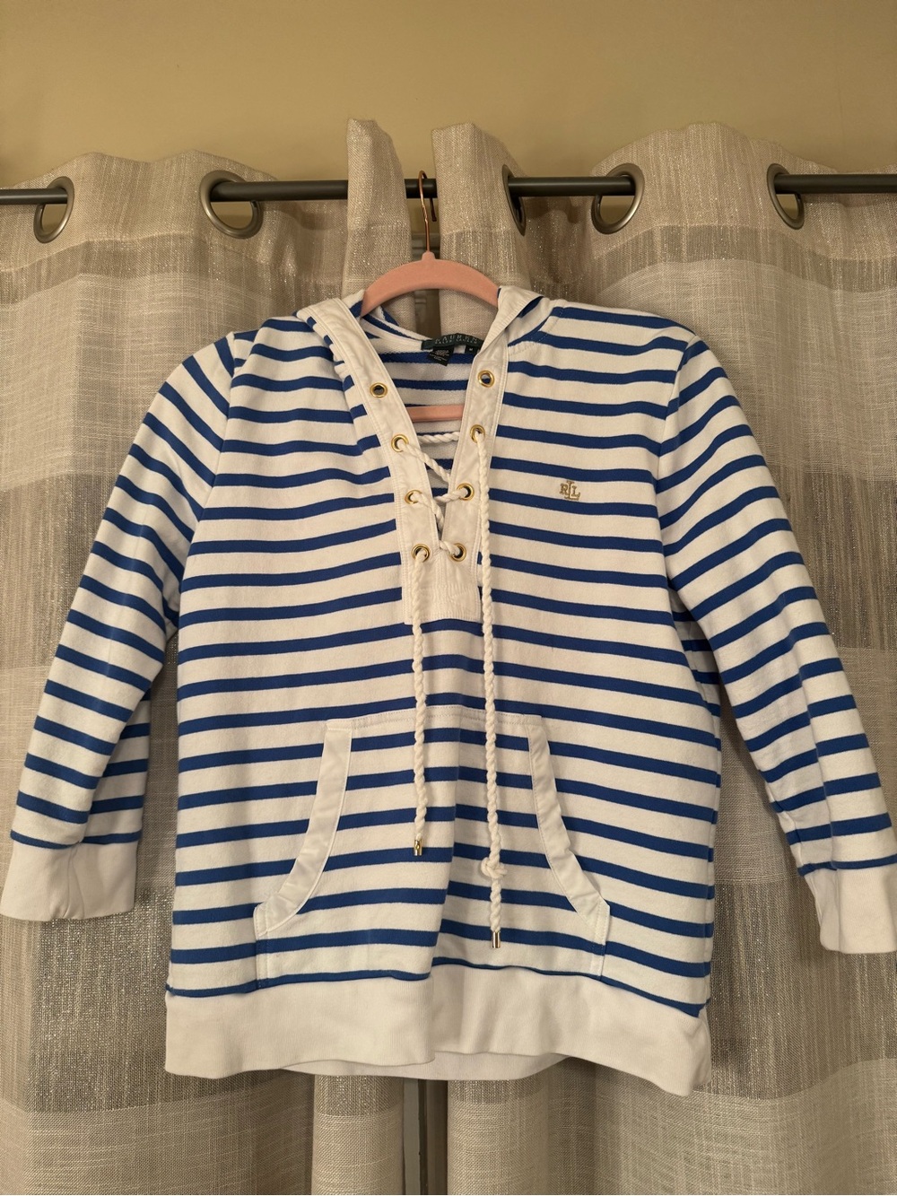 Lauren Ralph Lauren White and Blue Striped V-Neck Hoodie Sweater